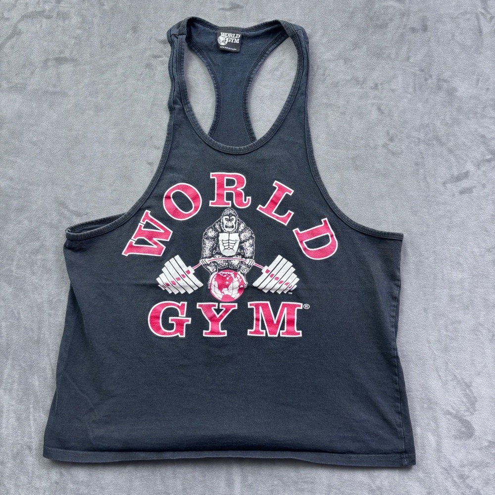 Vintage 90s World Gym Stringer Tank Top Mens L Black Graphic Y-Back Made in USA